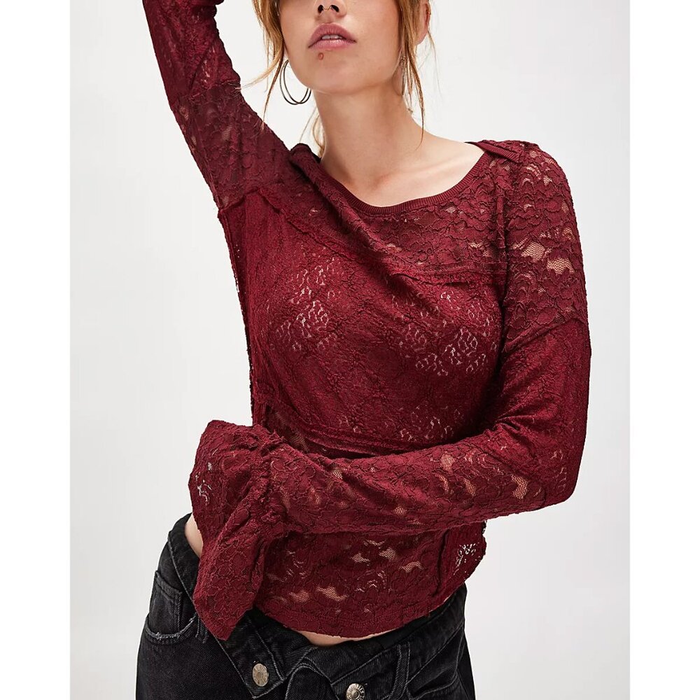NWT Free People Burgundy Lace Long Sleeve Top M